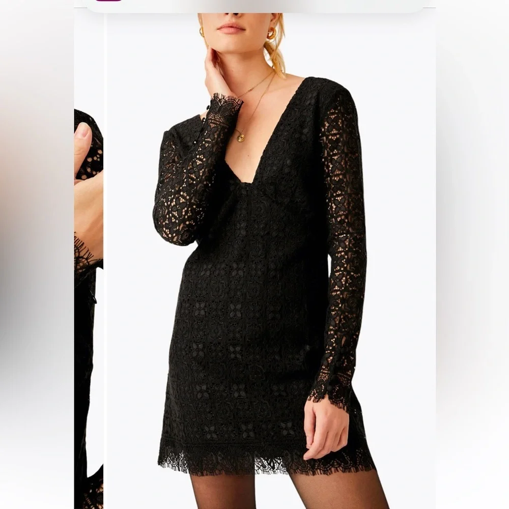 Free People Honey Honey Lace Long Sleeve Black Minidress mini dress Size 8‎ NWT